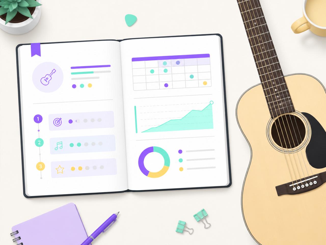 PDF do plano de estudos aberto ao lado de um violão